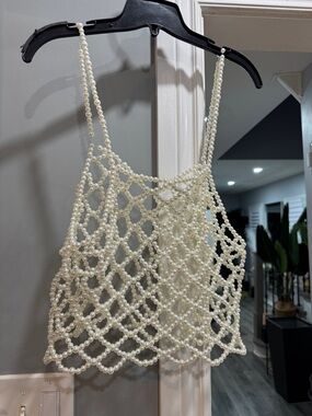 Pearl Beaded Mesh Crop Top - Ivory